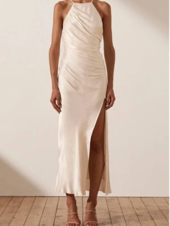 Shona Joy Dresses & Skirts - Shona Joy Core High Neck Ruched Maxi Dress US 6 Nude Bridesmaid Formal Gown